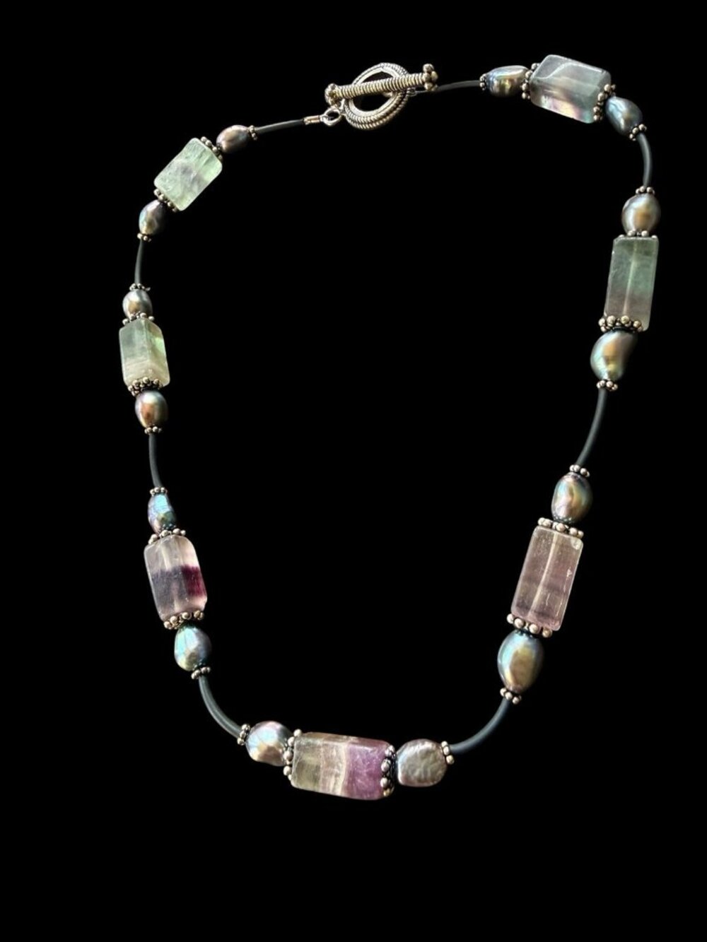 ⁠Artisan Rainbow Fluorite Freshwater Pearl Bead Necklace Sterling Silver Clasp